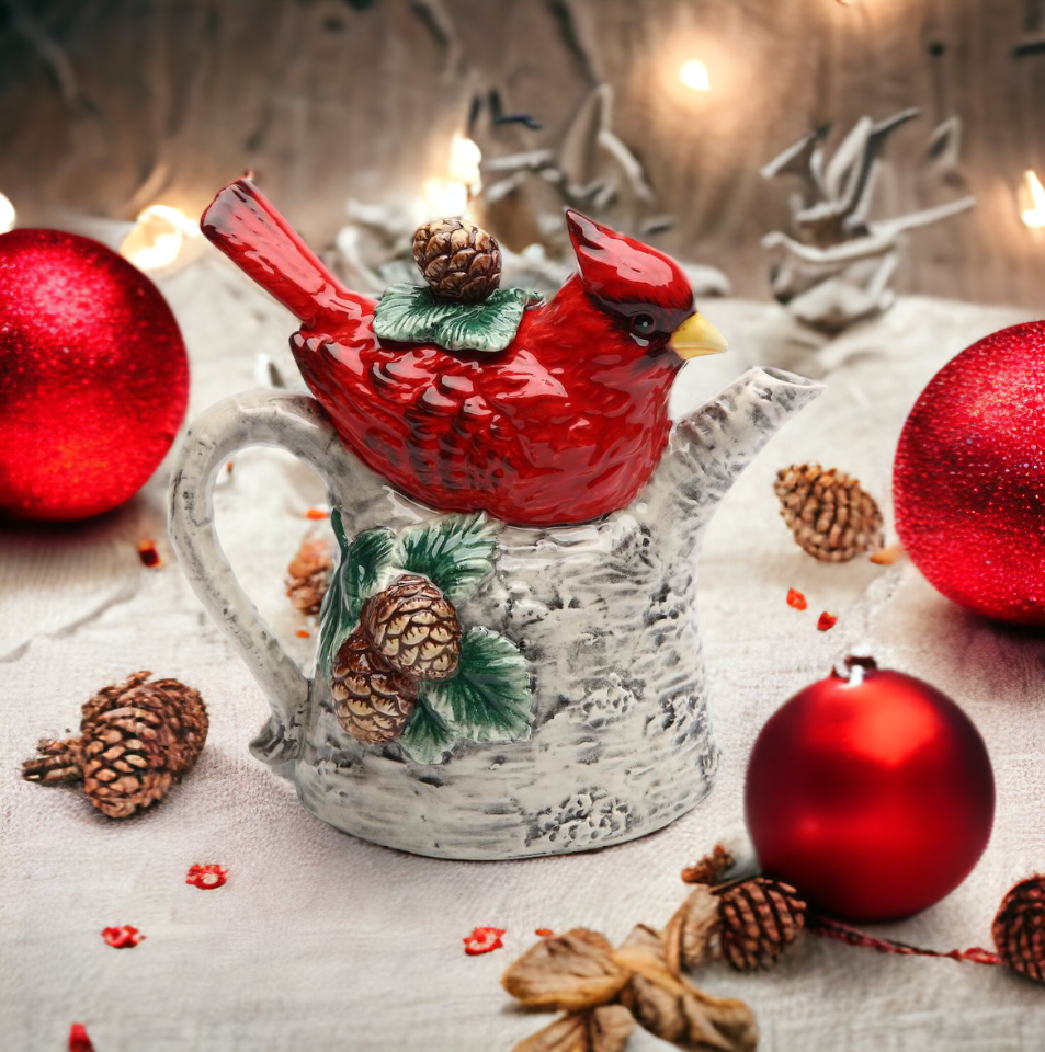 Ceramic Cardinal Bird On Birchtree Teapot, Gift for Her, Gift for Mom, Birdwatcher, Tea Party Décor, Café Décor, Christmas Décor