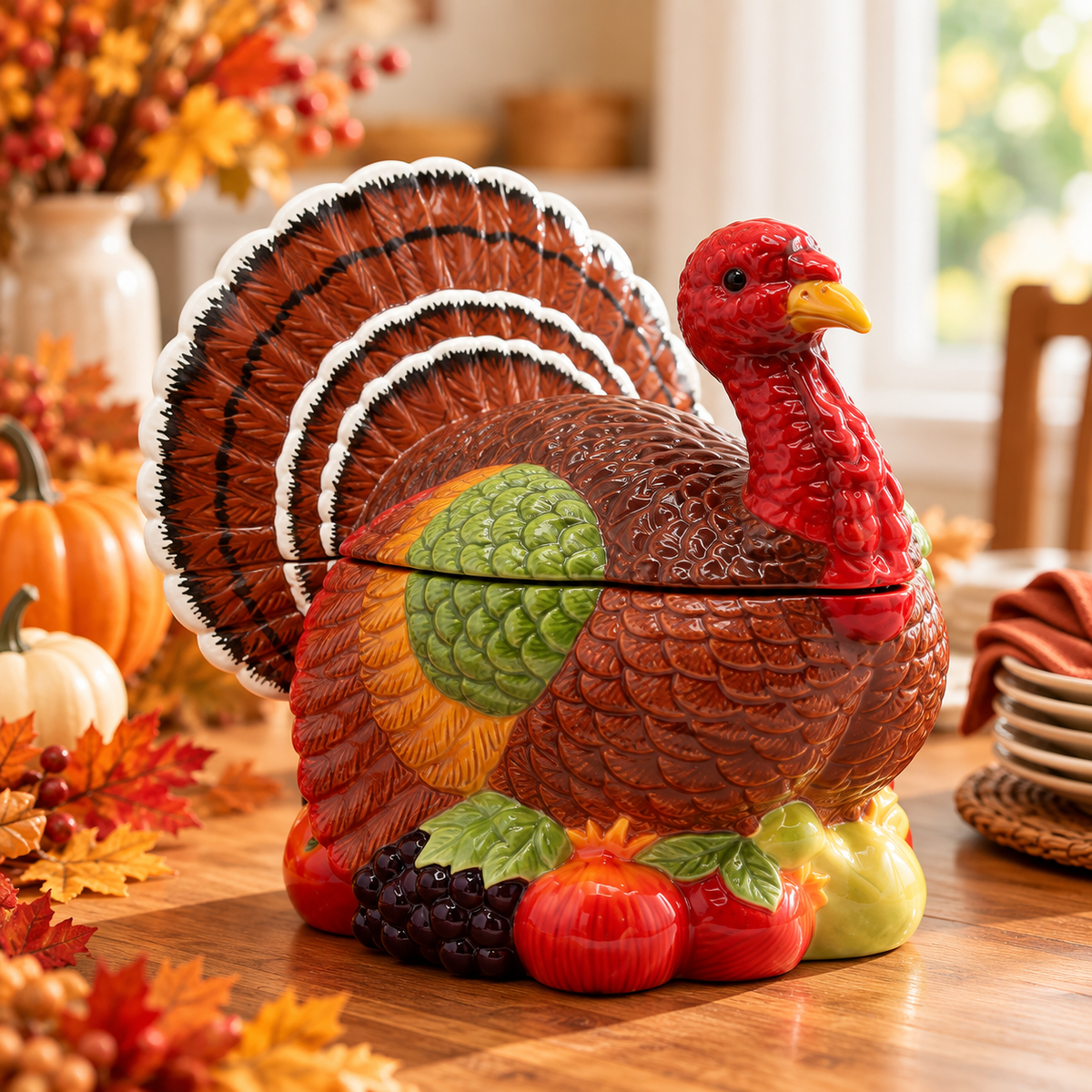 A decorative ceramic turkey-shaped container or box with a split lid, shown on a wooden table in a fall-themed setting with pumpkins, leaves, and dishes.