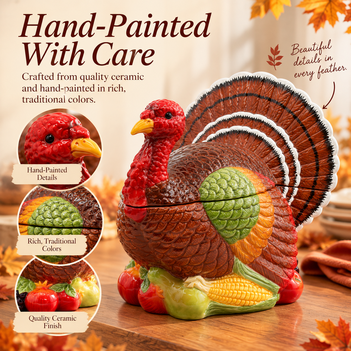 A hand-painted ceramic turkey figurine with a split cockroach lid, displayed on a wooden surface with autumn leaves. The image includes promotional text highlighting the hand-painted details and traditional colors.