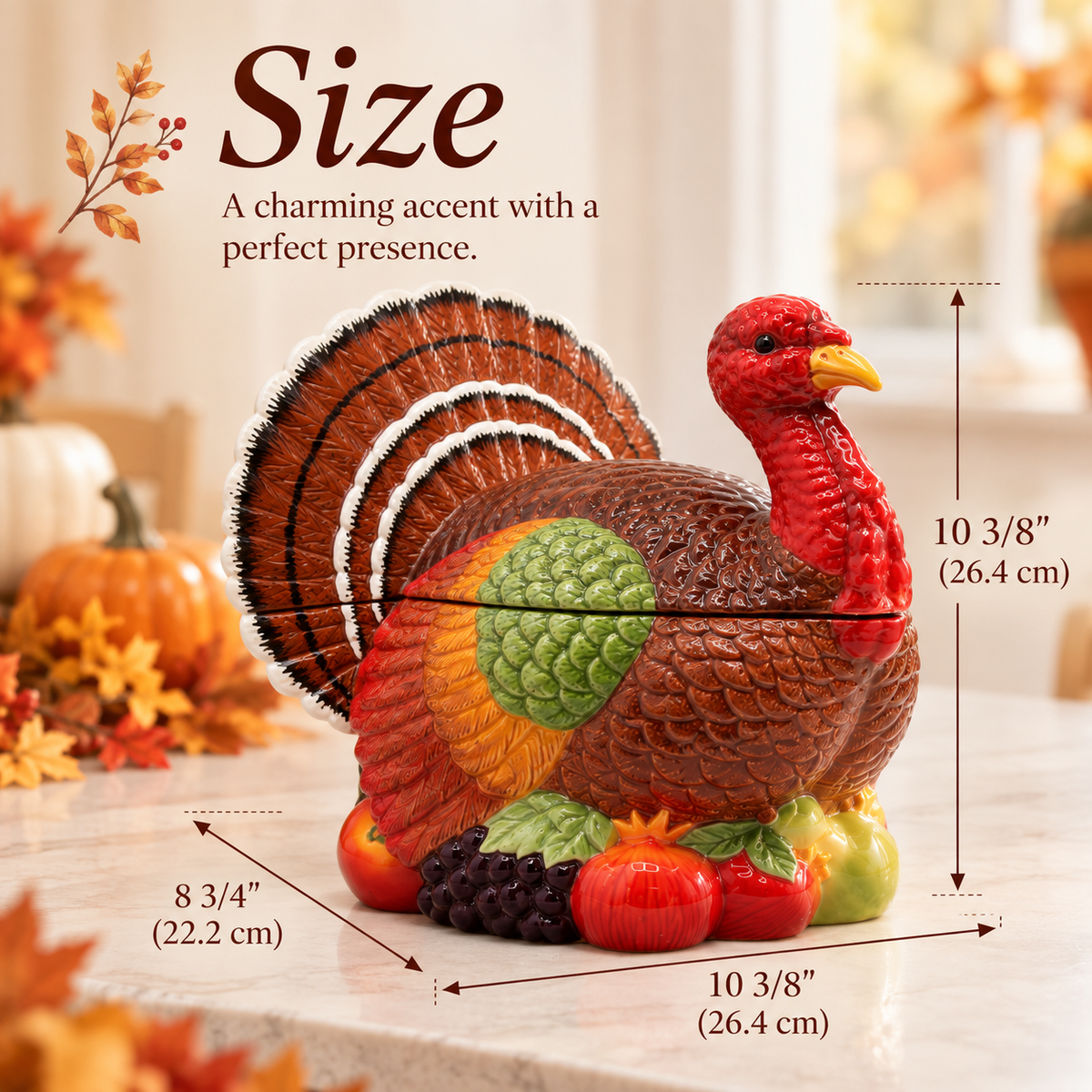 A decorative turkey figurine with autumn fruits and vegetables at its feet, shown on a countertop with overlaid size measurements and the word 'Size' in the upper left.