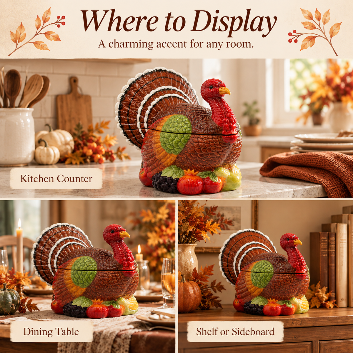 A decorative turkey-shaped object shown in a three-panel layout with the text 'Where to Display' and labels 'Kitchen Counter,' 'Dining Table,' and 'Shelf or Sideboard.' The top panel shows the item on a kitchen counter, while the bottom two panels show similar styled indoor settings.