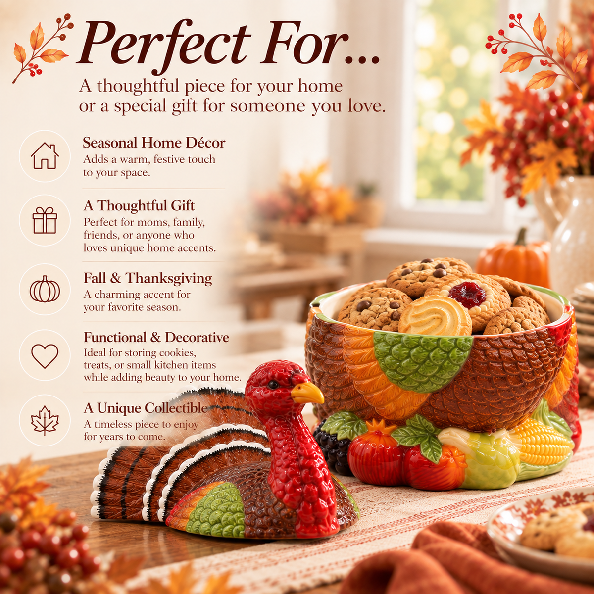 A decorative autumn-themed home decor set displayed on a table, including a multicolor cornucopia bowl filled with cookies, a red and gold turkey figurine, pumpkins, fall leaves, and a warm window in the background. Text on the left reads 'Perfect For.