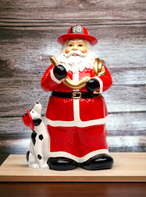 Ceramic Fire Fighter Christmas Santa Cookie Jar, Gift for Dad, Mom, Gift for Her, Fire Station Decor, Kitchen Décor, Christmas Décor