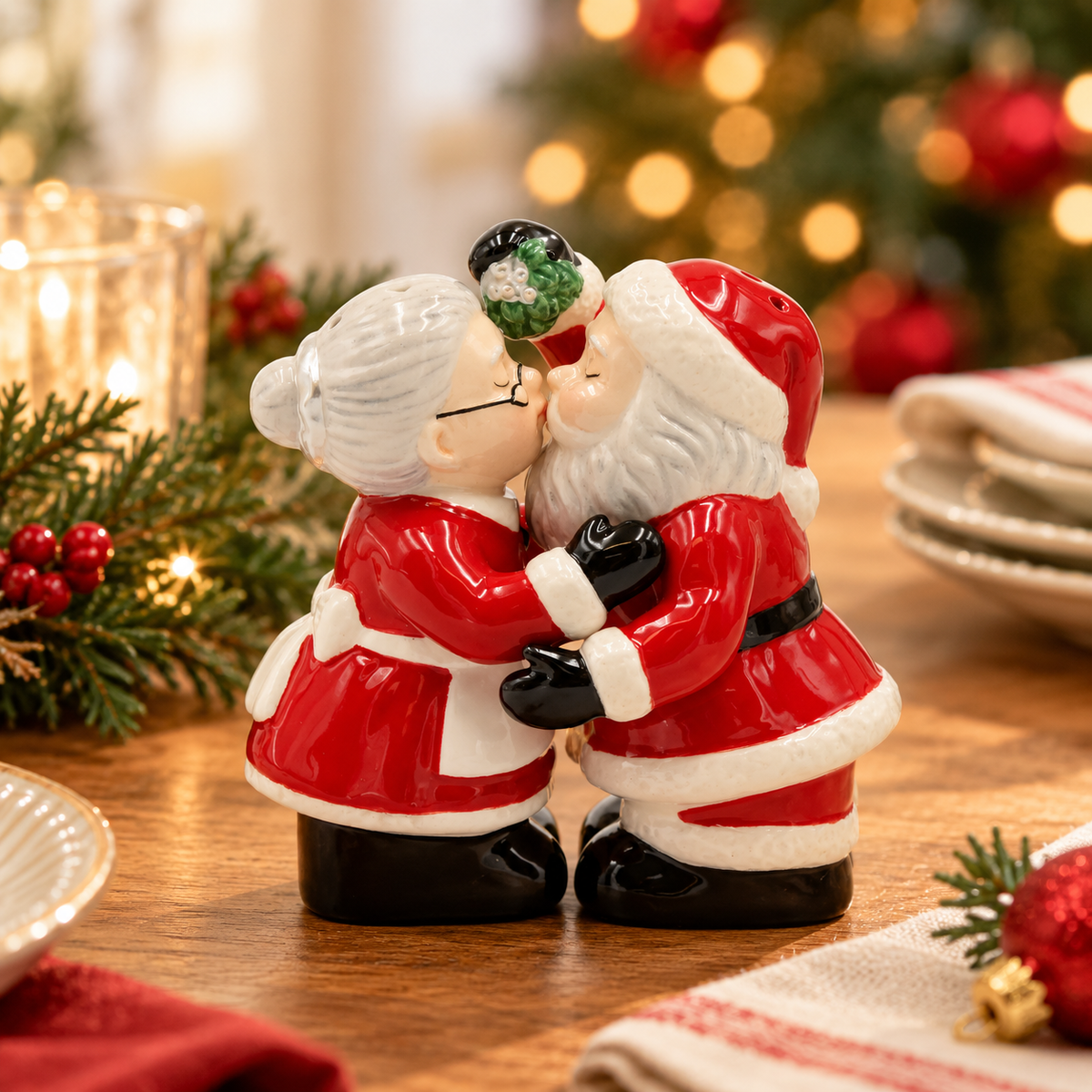 Ceramic Christmas Decor Kissing Santa and Mrs. Claus Salt And Pepper Shakers, Home Décor, Gift for Her, Gift for Mom, Kitchen Décor