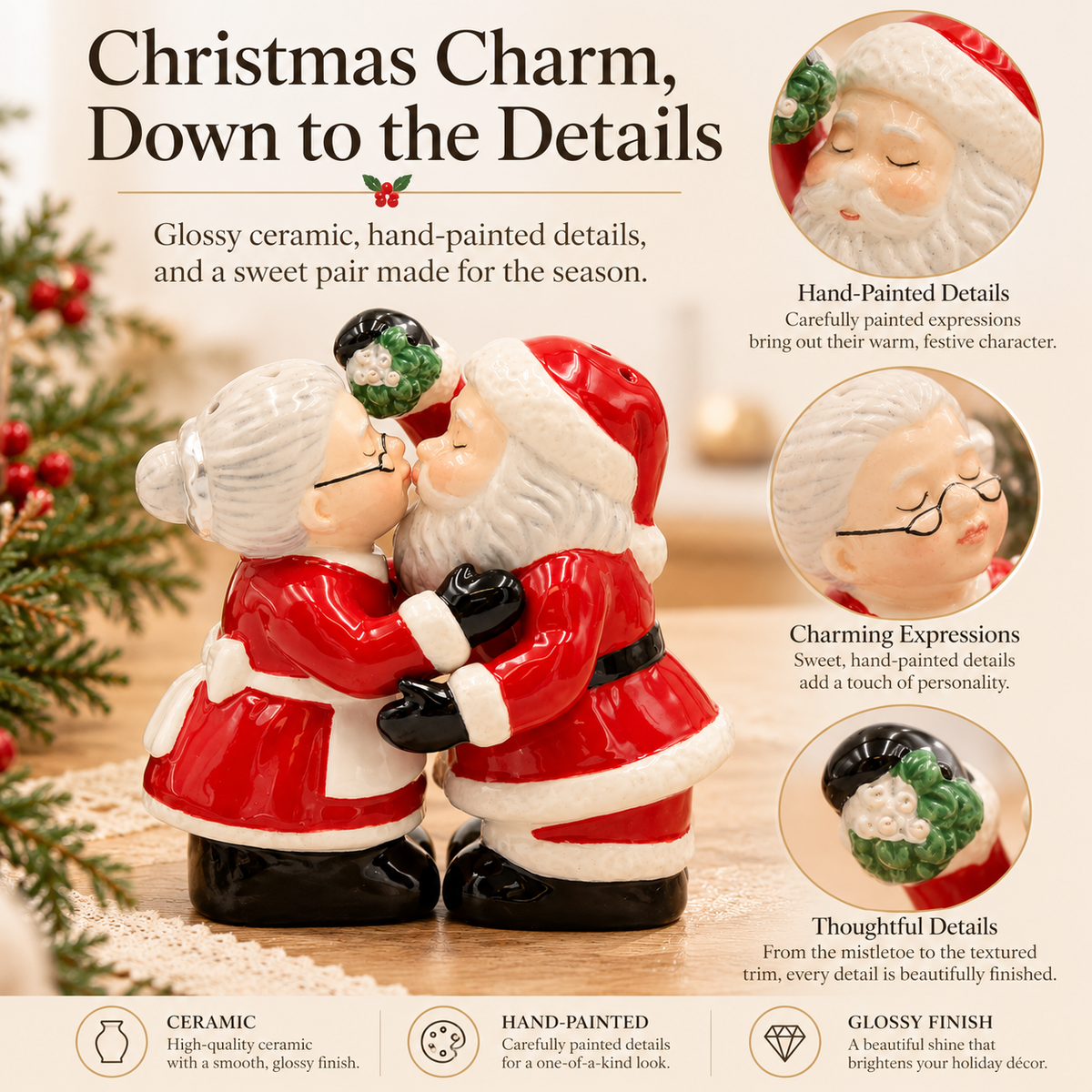 Ceramic Christmas Decor Kissing Santa and Mrs. Claus Salt And Pepper Shakers, Home Décor, Gift for Her, Gift for Mom, Kitchen Décor