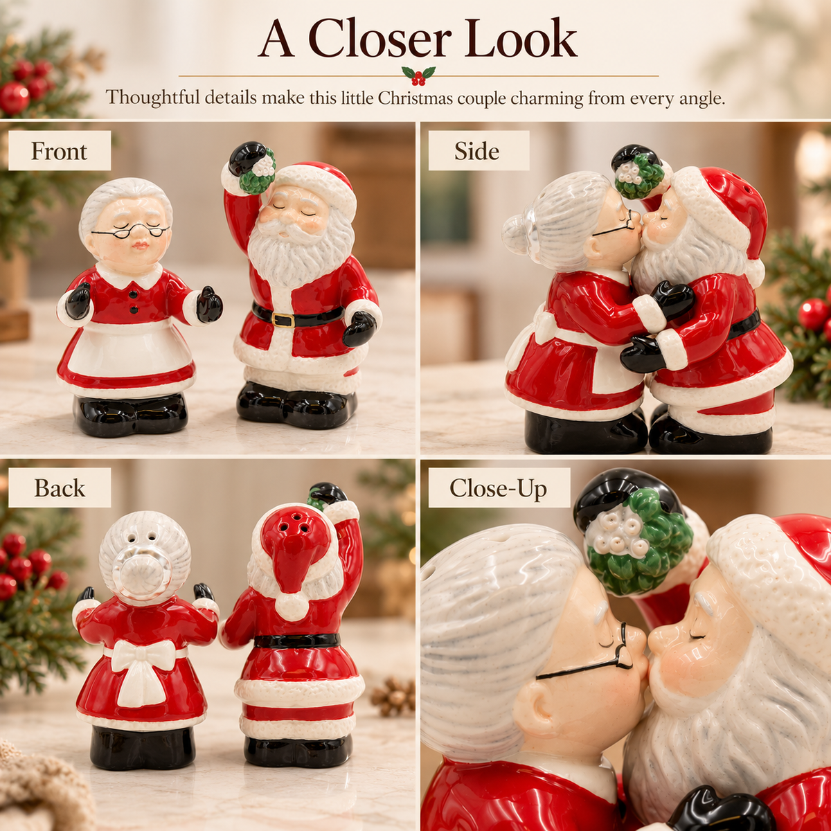 Ceramic Christmas Decor Kissing Santa and Mrs. Claus Salt And Pepper Shakers, Home Décor, Gift for Her, Gift for Mom, Kitchen Décor