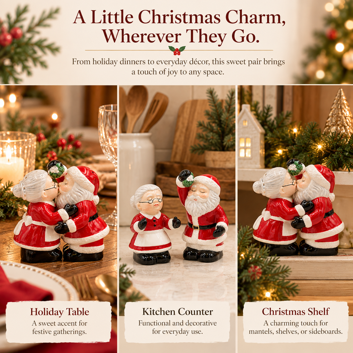 Ceramic Christmas Decor Kissing Santa and Mrs. Claus Salt And Pepper Shakers, Home Décor, Gift for Her, Gift for Mom, Kitchen Décor