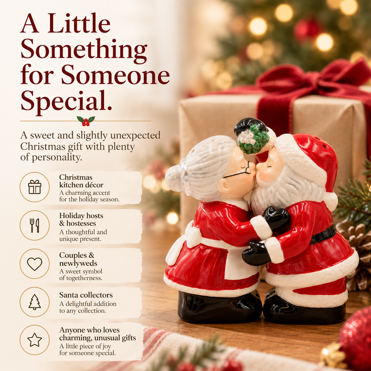 Ceramic Christmas Decor Kissing Santa and Mrs. Claus Salt And Pepper Shakers, Home Décor, Gift for Her, Gift for Mom, Kitchen Décor