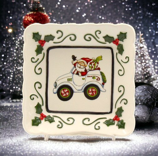 Ceramic Santa Is Coming To Town Driving Car Square Plate Set Of 3, Home Décor, Gift for Her, Gift for Mom, Kitchen Décor, Christmas Décor