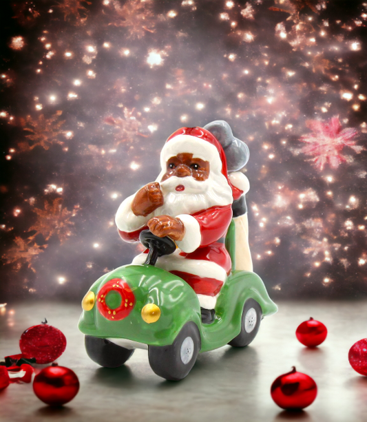 Ceramic African American Santa Driving Golf Kart Ornament, Home Décor, Gift for Her, Mom, Him, Dad, Christmas tree Décor, Wall Decor