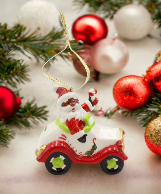 Ceramic African American Santa Driving A Car Ornament, Home Décor, Gift for Her, Mom, Him, Dad, Christmas tree Décor, Wall Decor