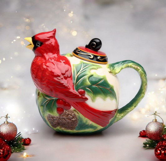 Ceramic Cardinal Bird with Poinsettia Christmas Teapot, Christmas Decor, Bird Watcher Gift, Gift for Her, Gift for Mom