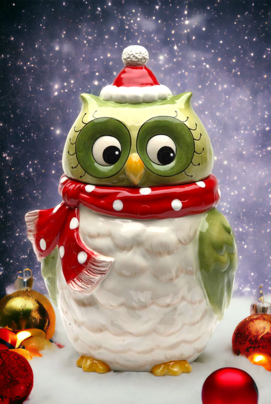 Ceramic Christmas Green Owl with Red Scarf Cookie Jar, Home Décor, Gift for Her, Gift for Mom, Kitchen Décor, Birdwatcher Gift