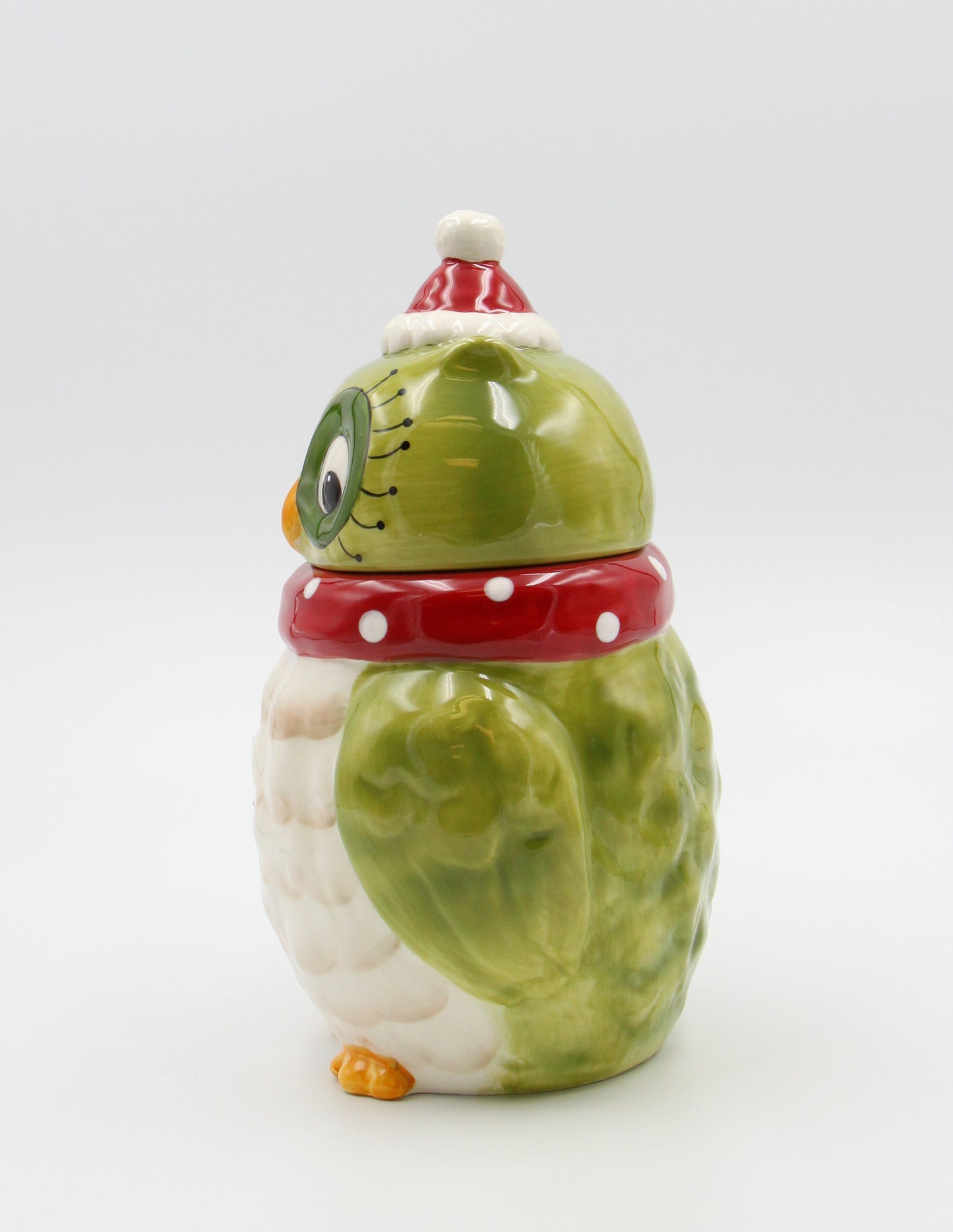 Ceramic Christmas Green Owl with Red Scarf Cookie Jar, Home Décor, Gift for Her, Gift for Mom, Kitchen Décor, Birdwatcher Gift