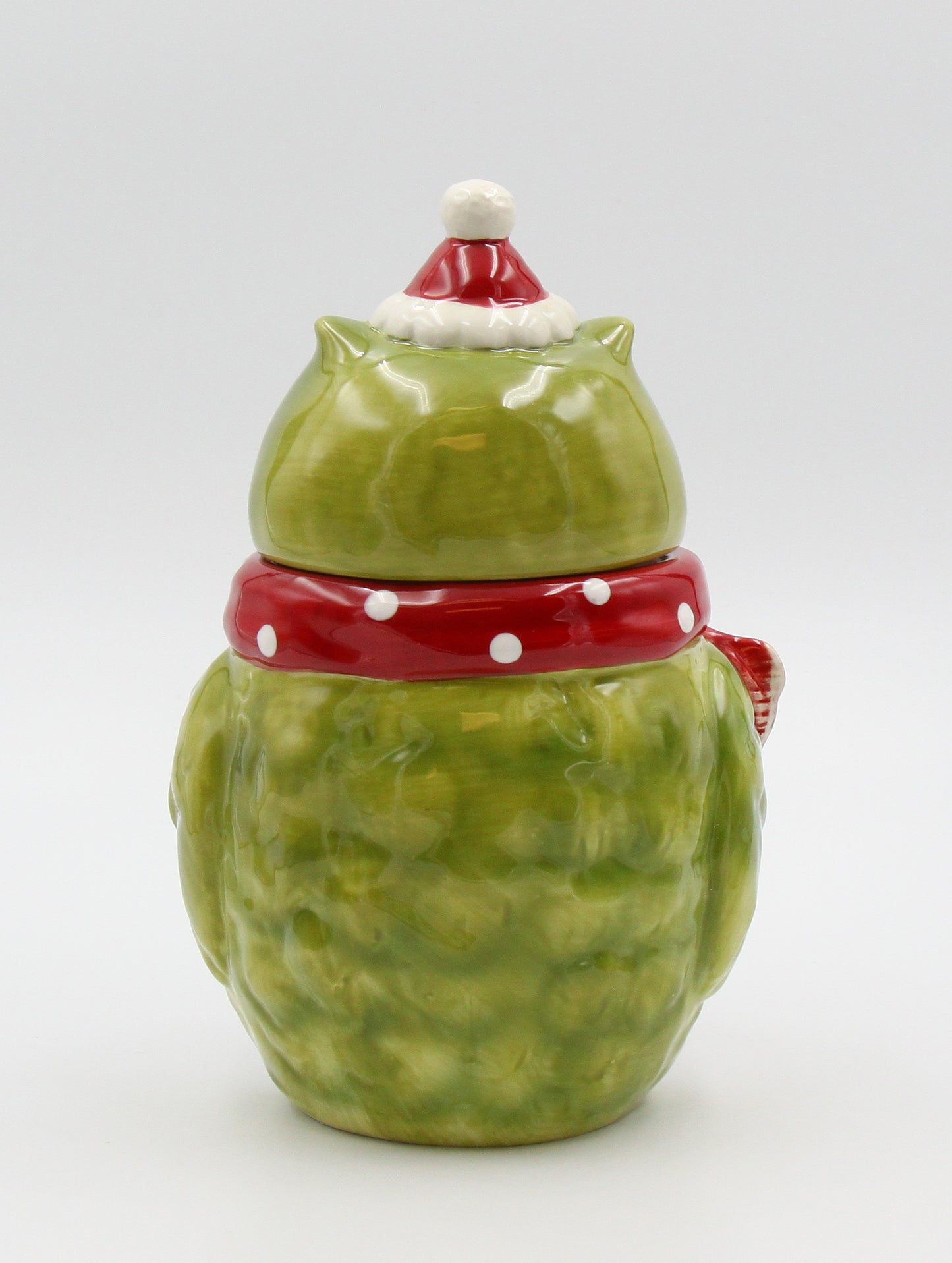 Ceramic Christmas Green Owl with Red Scarf Cookie Jar, Home Décor, Gift for Her, Gift for Mom, Kitchen Décor, Birdwatcher Gift