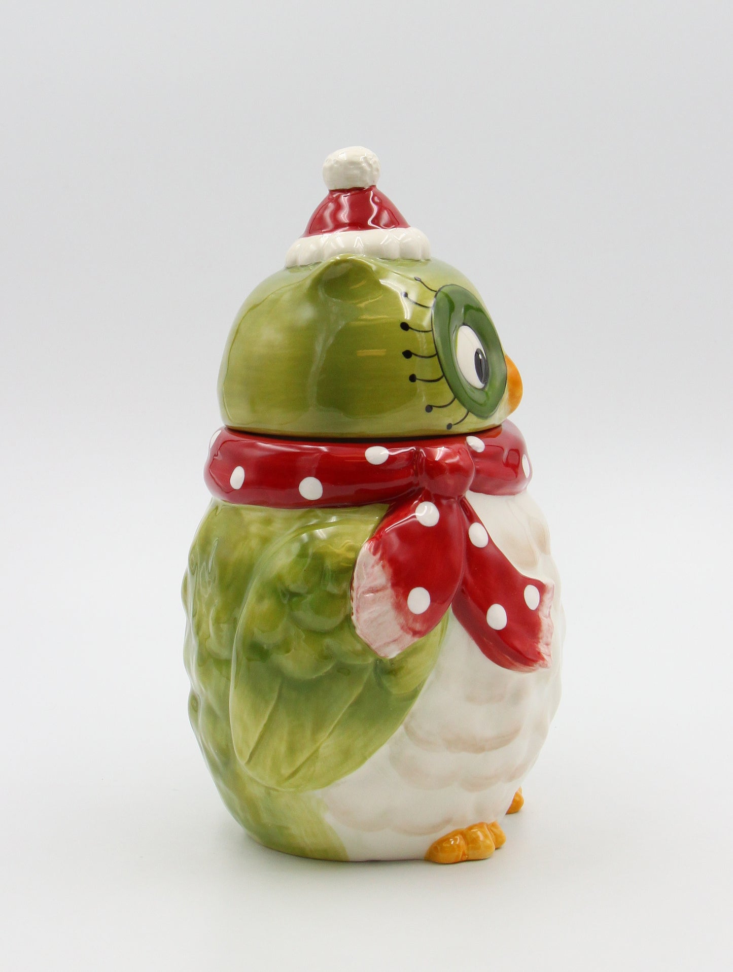 Ceramic Christmas Green Owl with Red Scarf Cookie Jar, Home Décor, Gift for Her, Gift for Mom, Kitchen Décor, Birdwatcher Gift