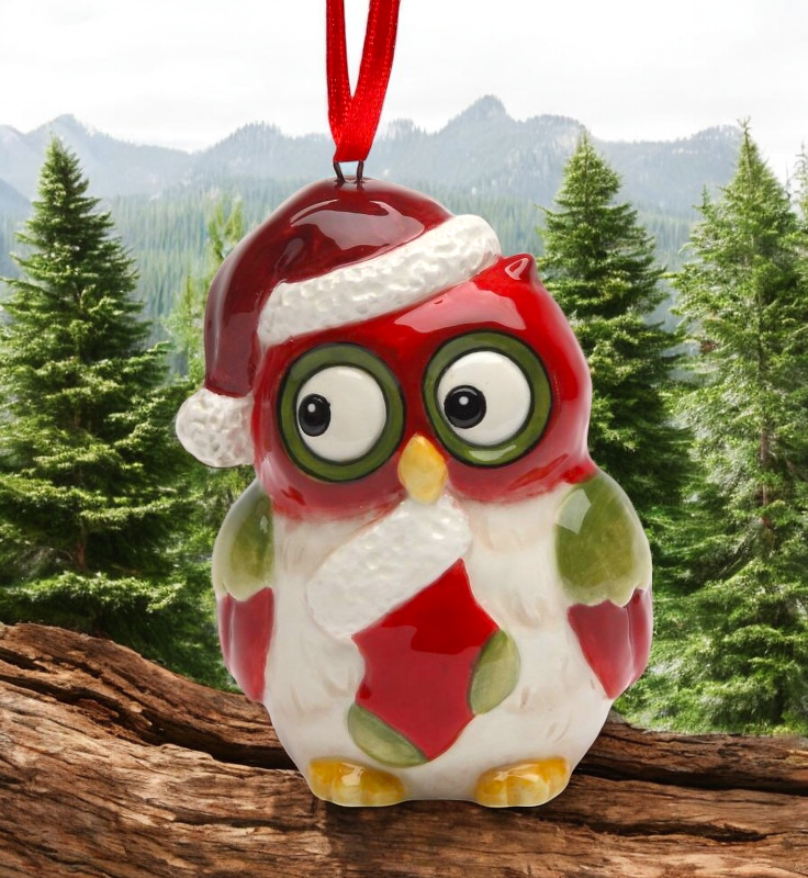 Ceramic Christmas Owl: Owl With Sock Ornament, Christmas Tree Decor, Owl Collector Gift