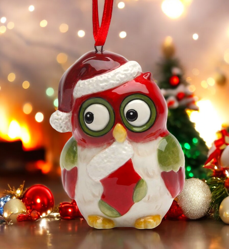 Ceramic Christmas Owl: Owl With Sock Ornament, Christmas Tree Decor, Owl Collector Gift