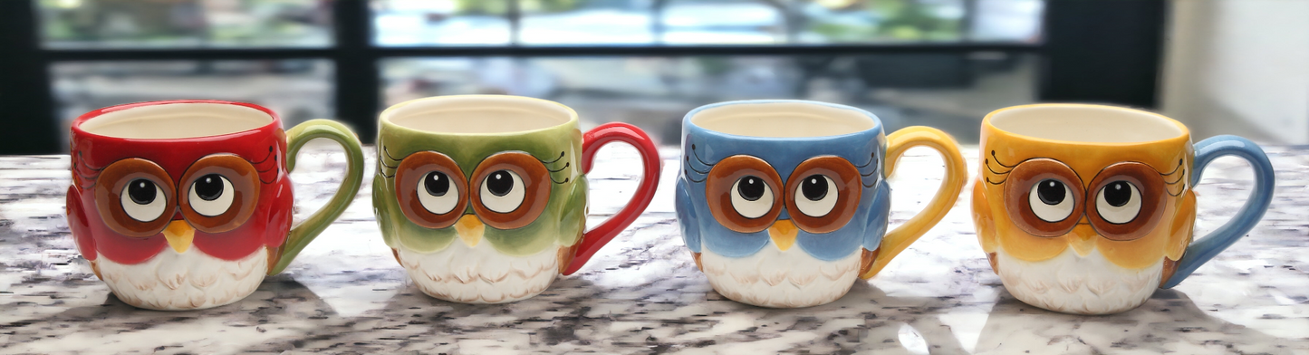 Ceramic Set Of 4 Colorful Owl Mugs, Home Décor, Gift for Her, Gift for Mom, Kitchen Décor, Birdwatcher Gift