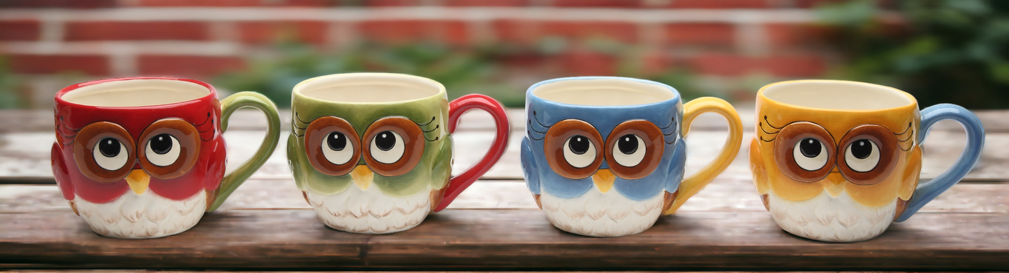 Ceramic Set Of 4 Colorful Owl Mugs, Home Décor, Gift for Her, Gift for Mom, Kitchen Décor, Birdwatcher Gift