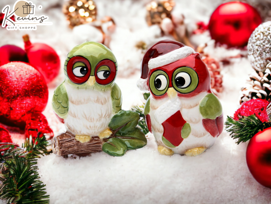 Ceramic Christmas Owl Salt & Pepper Shakers, Home Décor, Gift for Her, Gift for Mom, Kitchen Décor
