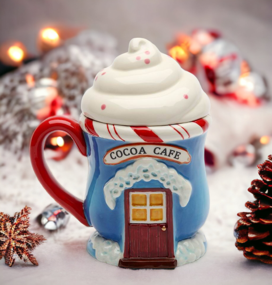 Ceramic Christmas Santa's Village Covered Mug, Home Décor, Gift for Her, Gift for Mom, Kitchen Décor, Christmas Décor