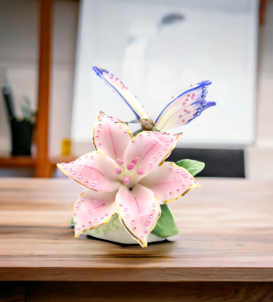 Ceramic Glittering Butterfly and Lily Flower in Bloom Figurine, Home Décor, Gift for Her, Gift for Mom, Nature Lover Décor, Cottagecore