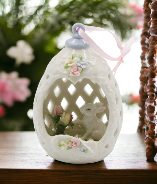 Ceramic Easter Bunny Rabbit with Tulip Flowers In Carved Egg Ornament, Gift for Her, Gift for Mom, Kitchen Décor, Spring Décor, Easter Décor