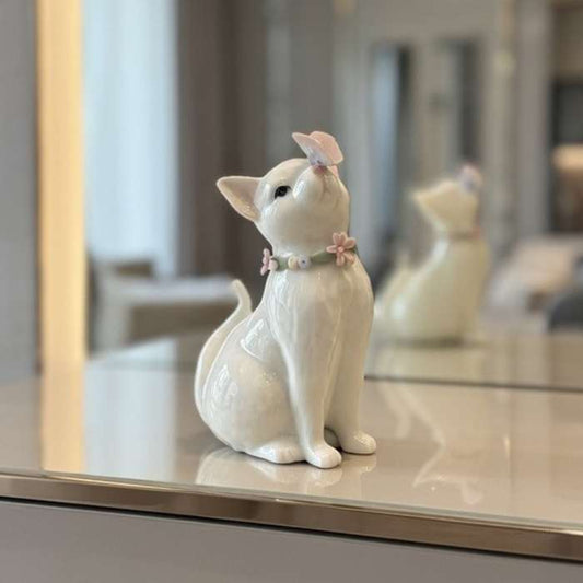 Ceramic White Cat With Butterfly Ring Holder, Home Décor, Gift for Her, Gift for Mom, Kitchen Décor, Cat Lovers Gift, Pet Loss Gift