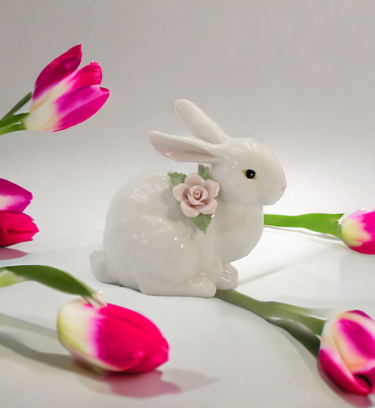 Springtime Bunnies: Easter Bunny Rabbit Crouching with Pink Rose Flower Figurine