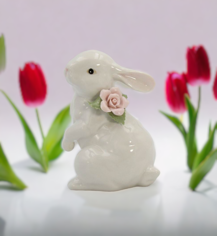 Springtime Bunnies: Standing Easter Bunny Rabbit with Pink Rose Flower Figurine