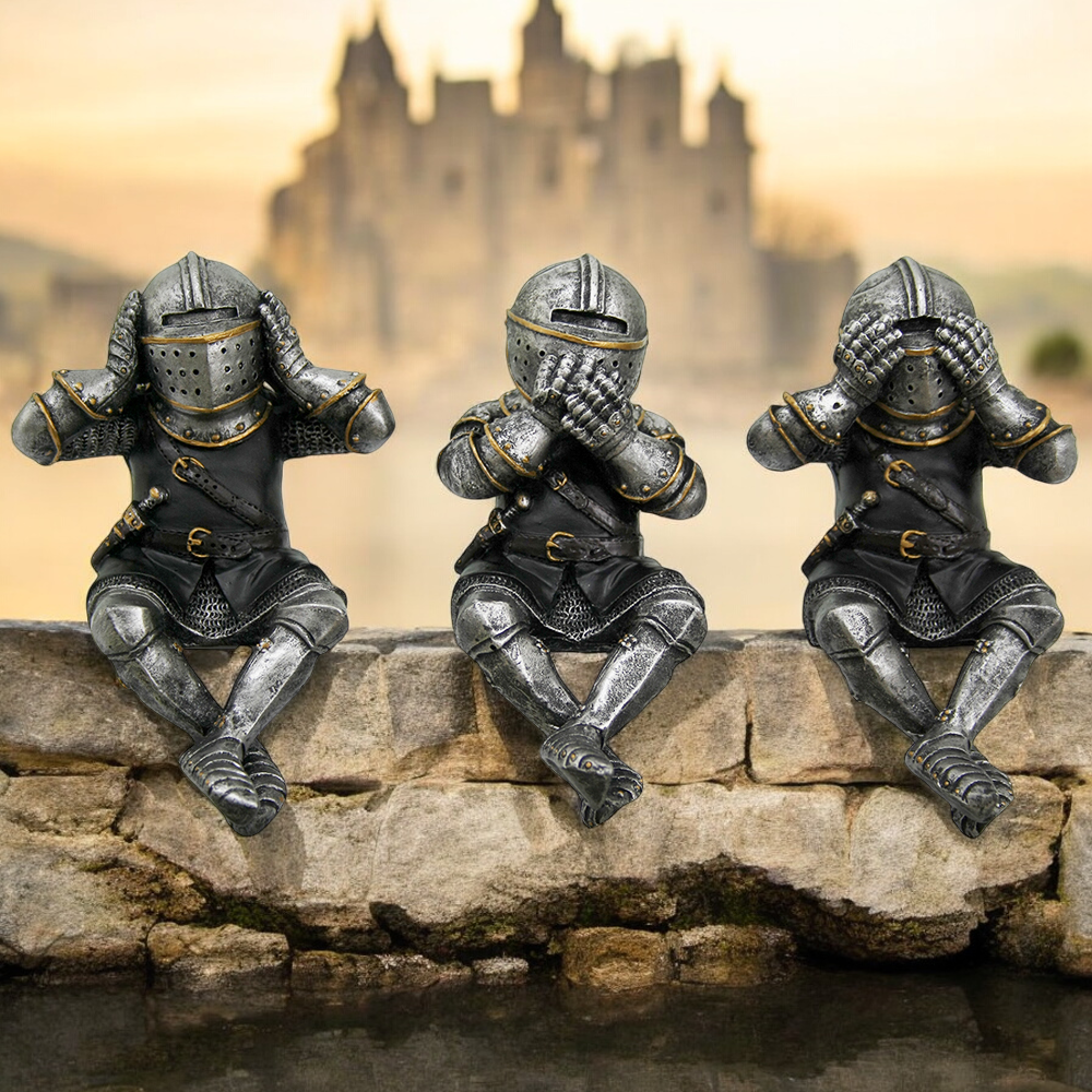 Polyresin Three Medieval Knights That Hear, Speak, and See No Evil Figurines, Gift for Him, Medieval Theme Decor