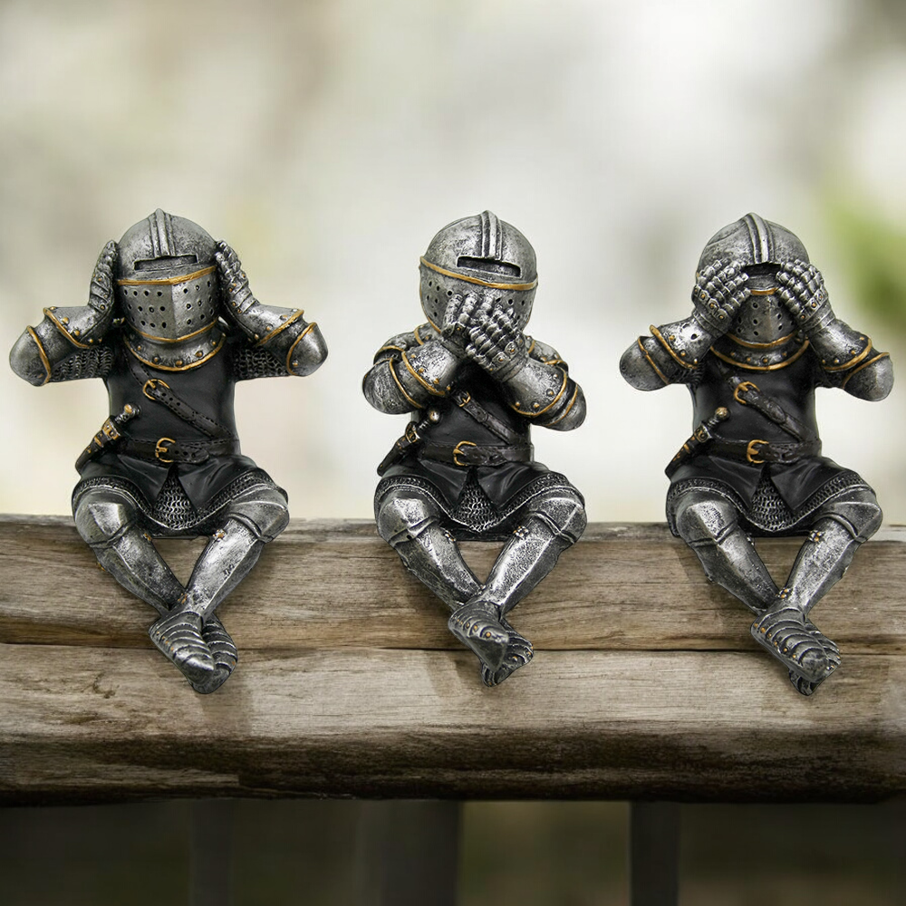 Polyresin Three Medieval Knights That Hear, Speak, and See No Evil Figurines, Gift for Him, Medieval Theme Decor