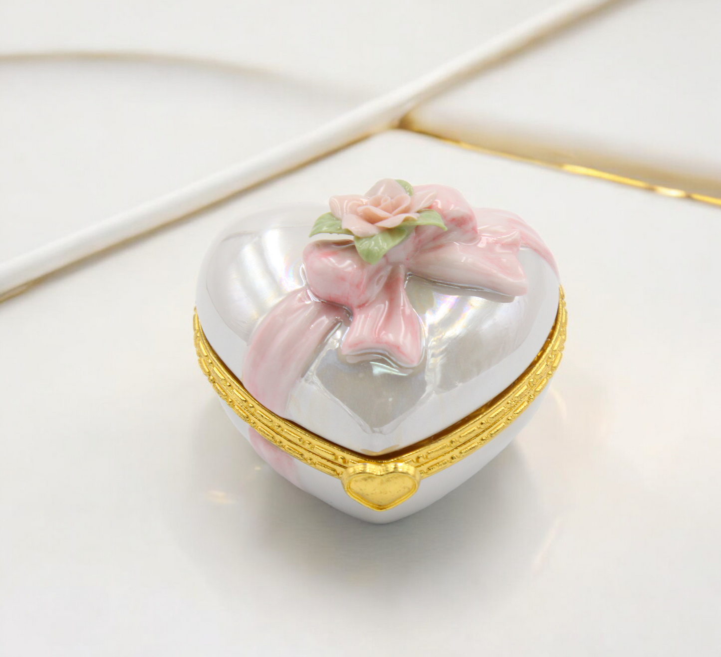 Ceramic Heart Shape Hinge Box with Flower, Home Decor, Gift for Her, Gift for Mom