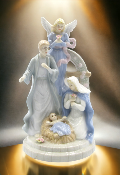 Ceramic Nativity with Guardian Angel Music Box, Home Décor, Religious Décor, Religious Gift, Church Décor, Baptism Gift