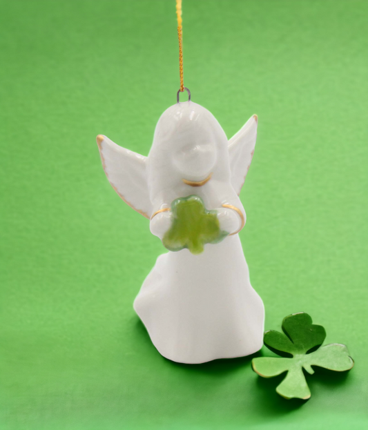 Ceramic Angel Holding Shamrock Ornament, Christmas Décor, Gift for Her, Gift for Mom, Irish Saint Patrick’s Day Décor