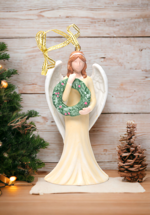 Ceramic Angel With Wreath Ornament, Home Décor, Gift for Her, Gift for Mom, Religious Décor, Christmas Décor