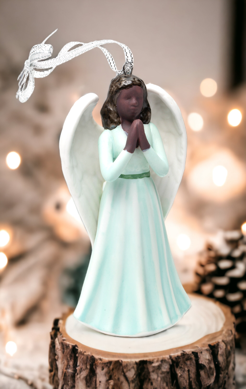 Ceramic African American Praying Angel Ornament, Religious Décor, Religious Gift, Church Décor, Church Gift, Baptism Gift