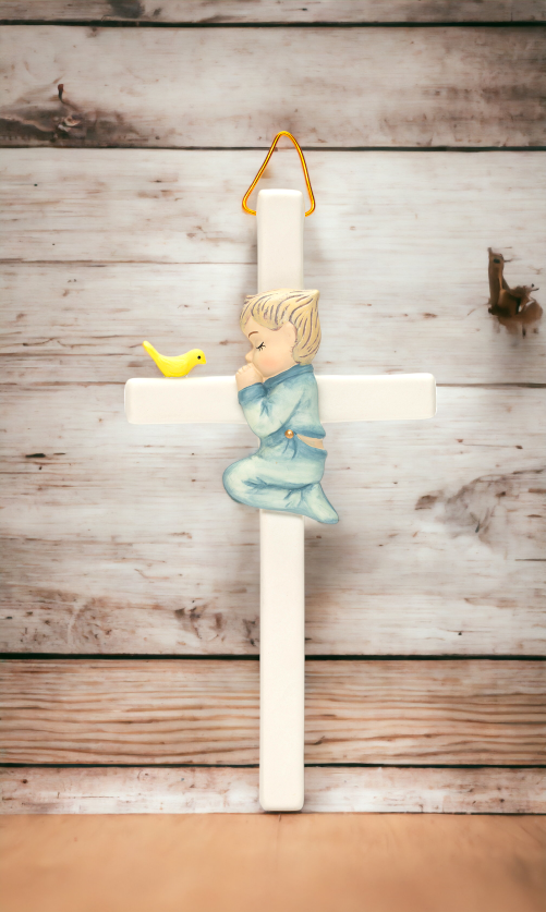 Ceramic Praying Boy With Bird Cross Wall Decor, Religious Décor, Religious Gift, Church Décor, Church Gift, Baptism Gift, Nursery Decor