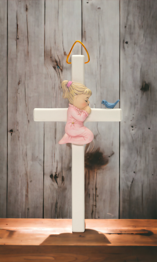 Ceramic Praying Girl With Bird Cross Wall Decor, Religious Décor, Religious Gift, Church Décor, Church Gift, Baptism Gift, Nursery Decor