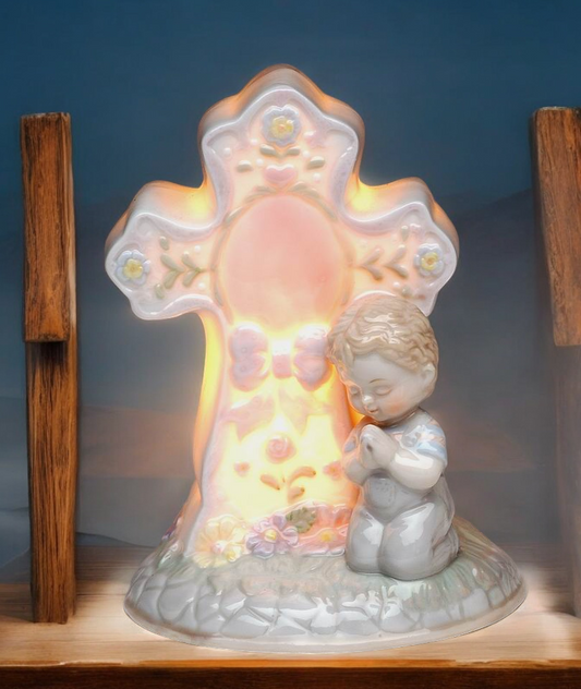 Ceramic Praying Boy Next to Cross Nightlight, Religious Gift or Decor, Baptism Gift, Nursery Room Nightlight