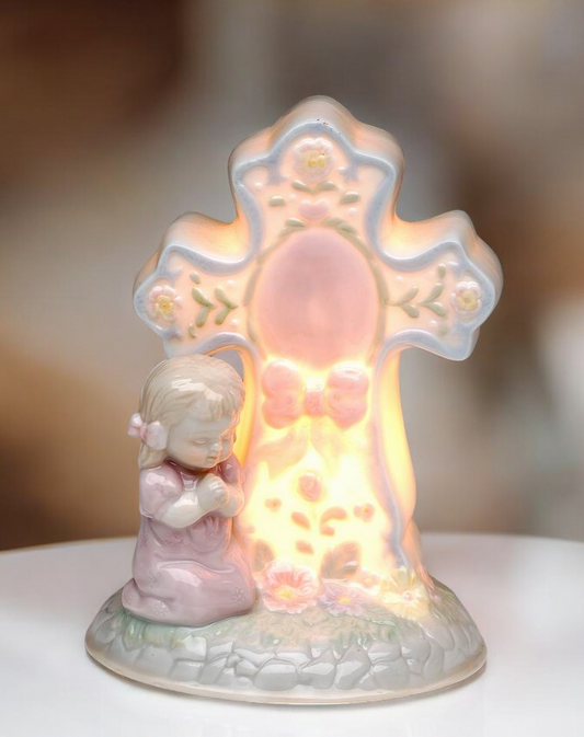 Ceramic Praying Girl Next to Cross Night, Religious Gift or Decor, Baptism Gift, Nursery Room Nightlight