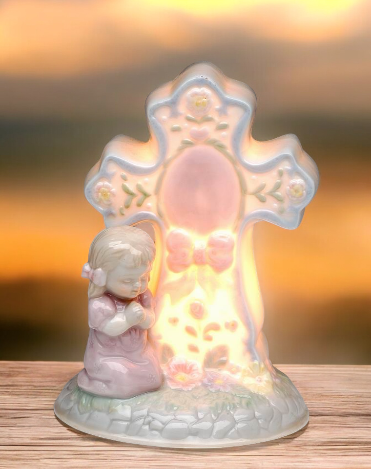 Ceramic Praying Girl Next to Cross Night, Religious Gift or Decor, Baptism Gift, Nursery Room Nightlight