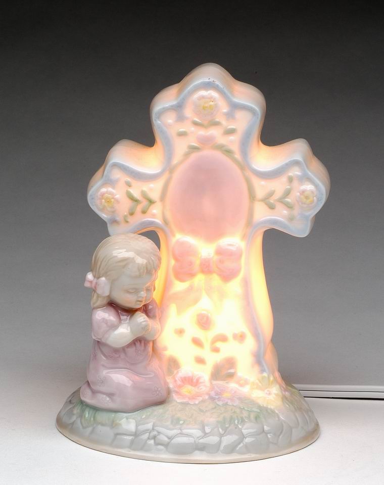 Ceramic Praying Girl Next to Cross Night, Religious Gift or Decor, Baptism Gift, Nursery Room Nightlight