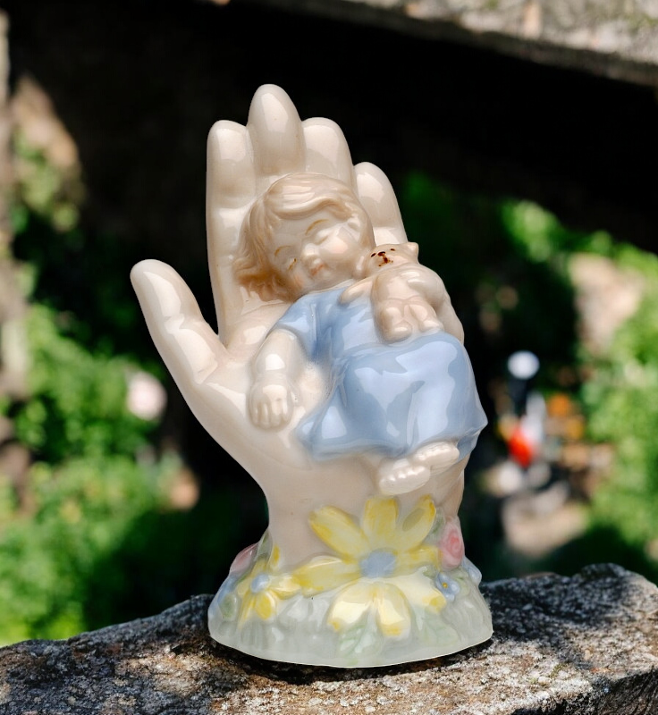 Ceramic Baby Boy Lying on Hand Figurine, Gift for New Parents, Nursery Room Decor