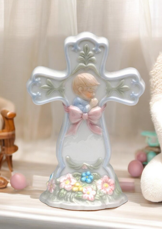 Ceramic Praying Boy Cross Figurine, Religious Gift or Decor, Baptism Gift, Nursery Room Decor