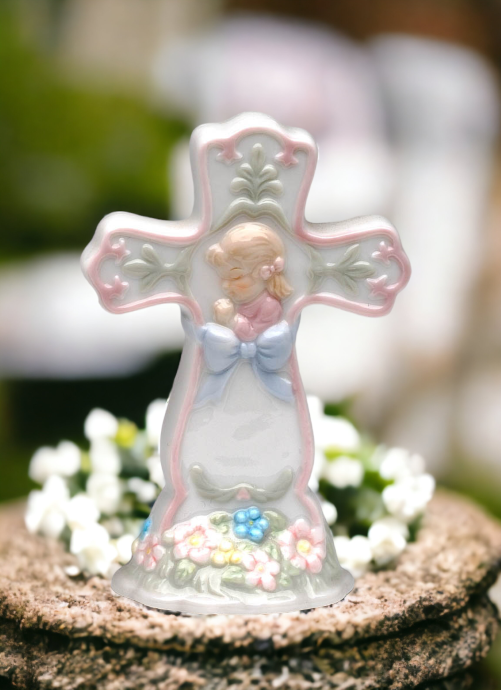 Ceramic Cross with Praying Girl Figurine, Religious Décor, Religious Gift, Church Décor, Baptism Gift