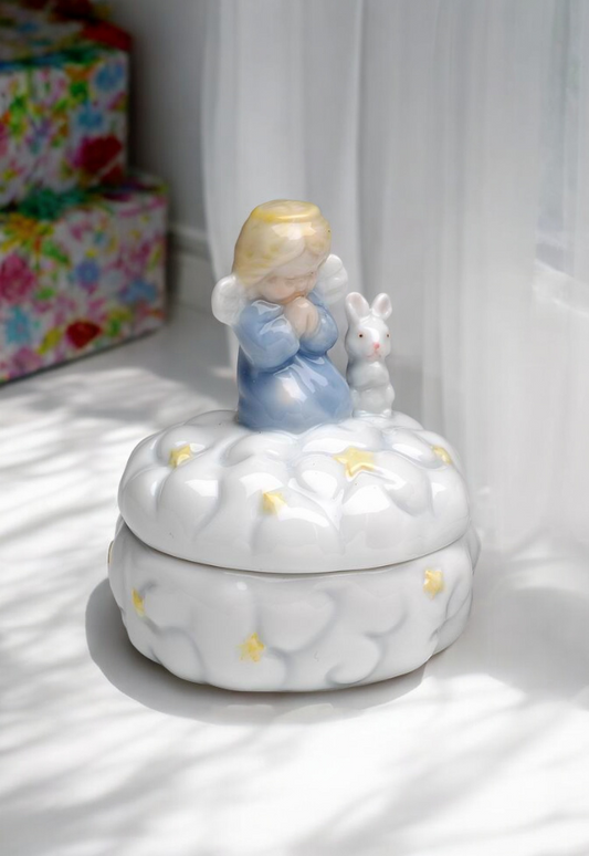 Ceramic Praying Angel with Rabbit Keepsake Box, Nursery Room Decor, Gift for Parents, Baptism Gift, Religious Decor