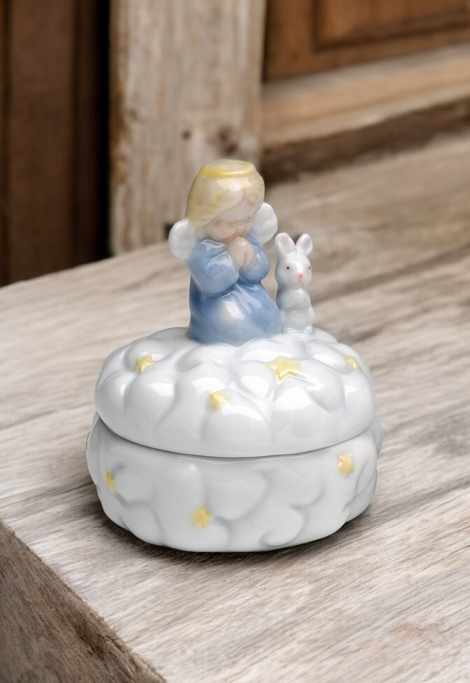 Ceramic Praying Angel with Rabbit Keepsake Box, Nursery Room Decor, Gift for Parents, Baptism Gift, Religious Decor