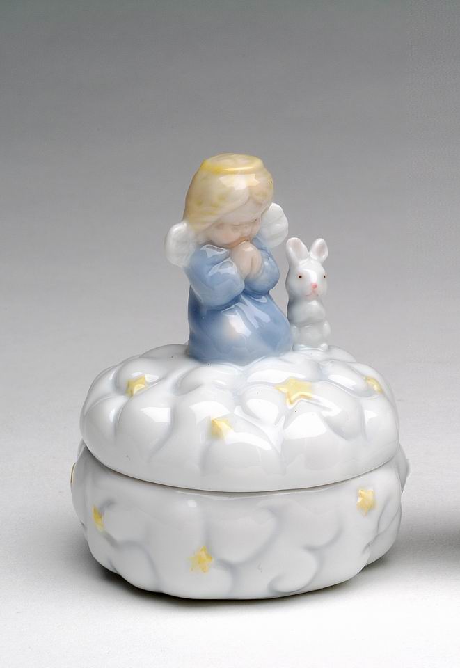 Ceramic Praying Angel with Rabbit Keepsake Box, Nursery Room Decor, Gift for Parents, Baptism Gift, Religious Decor